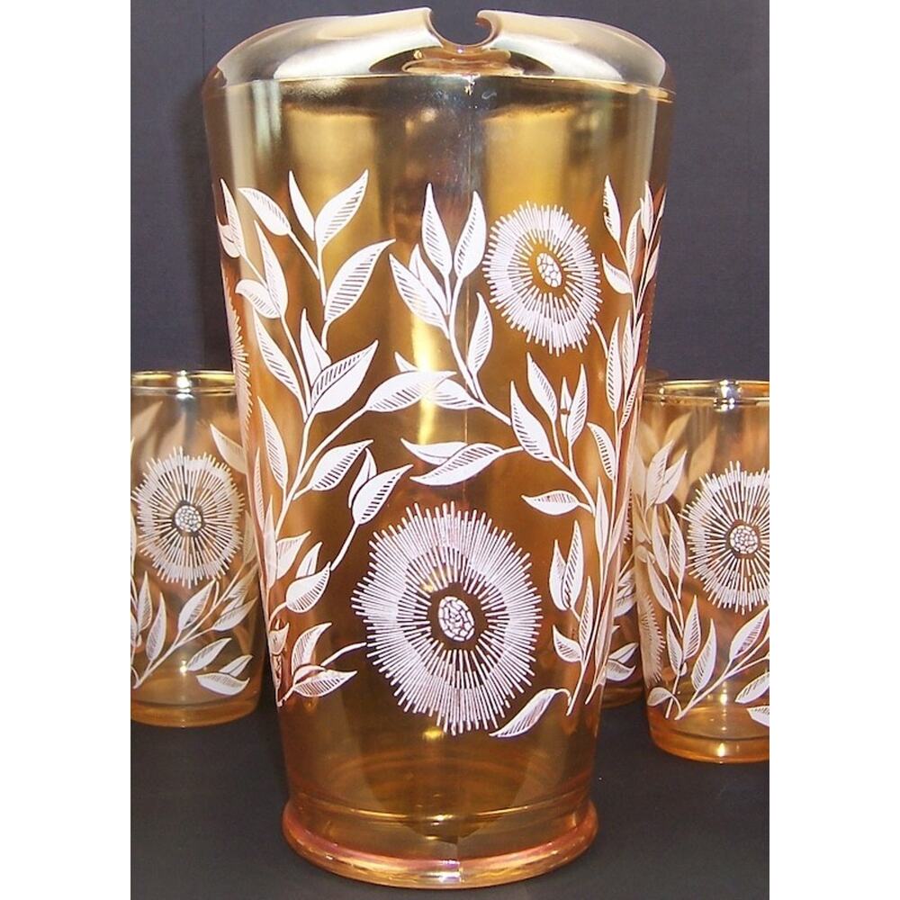 Vintage Jeannette Marigold Carnival Glass Cosmos Pitcher 6 Tumbler Set 1950s - Picture 10 of 15